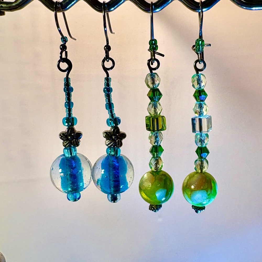 Earrings Pierced Handmade Turquoise Ball Bead   
12Accents & Green Ball w/9beads
